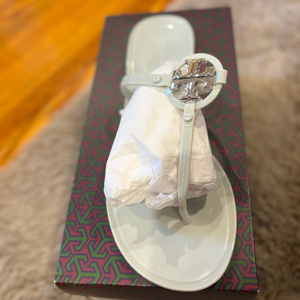 Tory Burch Grey with Silver Logo Jelly Sandals